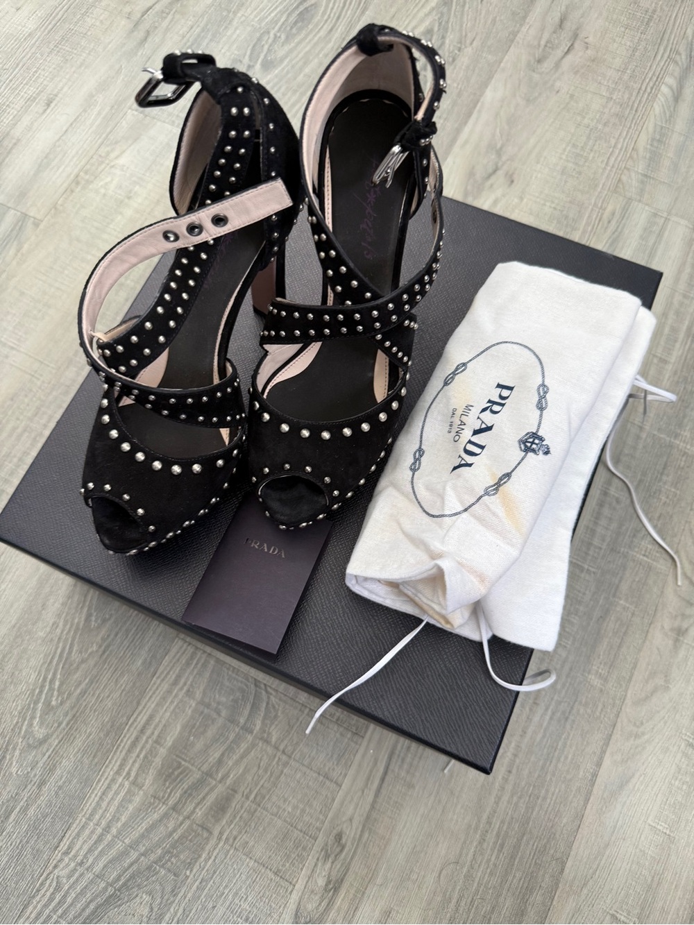 Prada Black Suede Studded Platform Sandals Heels Size 36.5 Italy